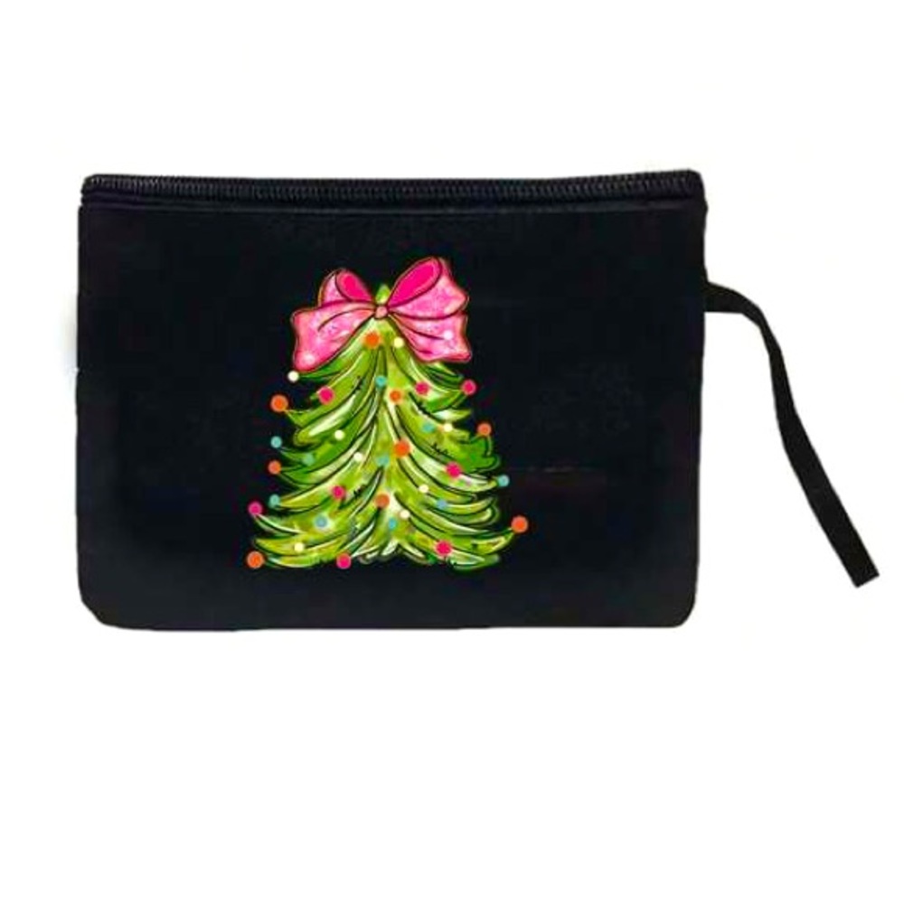 Festive Black Jute Zippered Pouch with Christmas Tree and Pink Bow Design